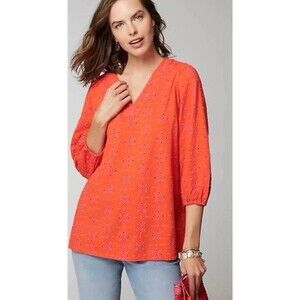 J Jill Contrasting-Eyelet Tunic Orange Peel Size Large Boxy Balloon Sleeve Shirt